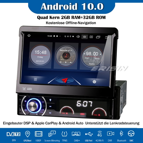 Erisin ES2790U Abnehmbares 7" 1 Din Android 10.0 Autoradio GPS DAB+WiFi DVD CarPlay DVB-T2 Navi TPMS DVD DVR