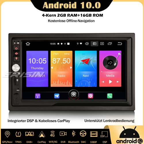 Erisin ES2741U DAB+Android 10.0 Doppel Din Autoradio GPS Navi Wireless CarPlay OBD2 DVB-T2 Wifi RDS TPMS Android Auto DSP 4G