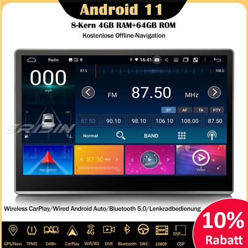 Erisin ES8700T 8-Kern 12.2"  Univeral Android 11 Doppel Din Drehbares Autoradio GPS CarPlay Android Auto DSP DAB+ FM Bluetooth OBD2 WiFi DSP Kamera Na