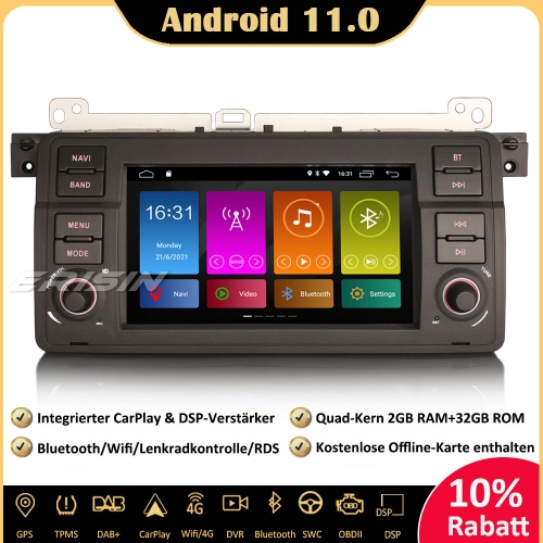 Erisin ES3146B DAB+Android 12 Autoradio GPS CarPlay OBD2 Bluetooth DVB-T2 RDS SWC Canbus Für BMW 3er E46 318 320 325 Rover 75 MG ZT