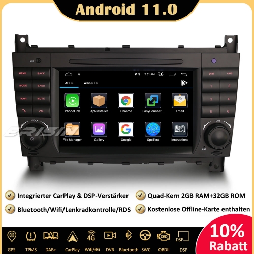 Erisin ES3173C Android 11.0 DAB+ DSP Autoradio GPS CarPlay OBD Bluetooth DVB-T2 Navi RDS SWC Für Mercedes Benz C/CLC/CLK Klasse W203 W209