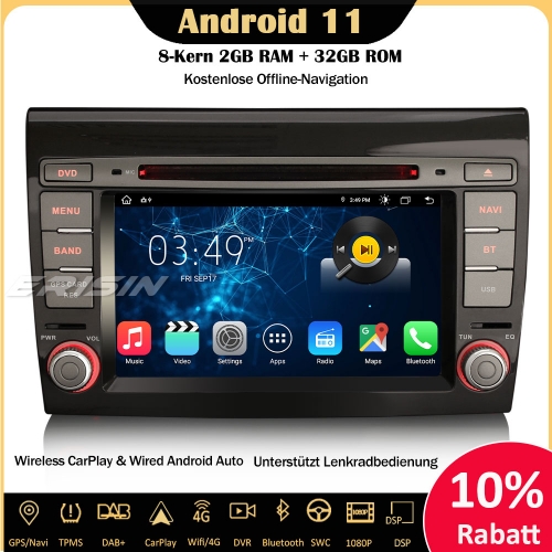 Erisin ES8671F 8-Kern Android 11.0 Autoradio GPS wireless CarPlay WiFi DAB+ Bluetooth OBD2 CD Navi Android Auto TPMS DTV Für Fiat Bravo
