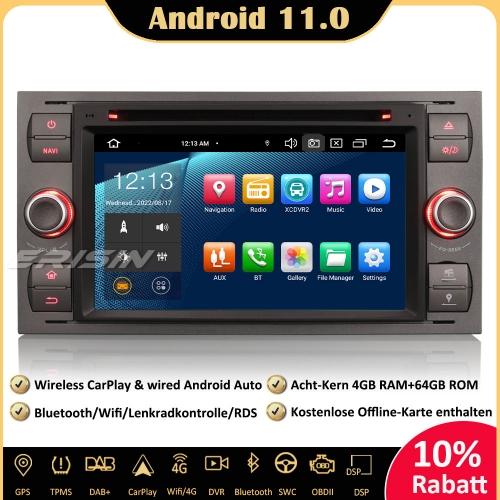 Erisin ES8166F Android 11.0 Autoradio DAB+GPS DSP CarPlay OBD DVD Wifi TPMS DTV Für Ford C/S-Max Mondeo Kuga Fiesta Fusion Focus Galaxy