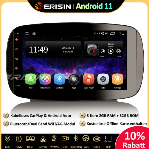 Erisin ES4199S 9" 8-Kern DSP DAB+Android 11.0 Autoradio GPS CarPlay Android Auto Wifi TPMS SWC DVB-T2 Canbus Für Mercedes-Benz SMART