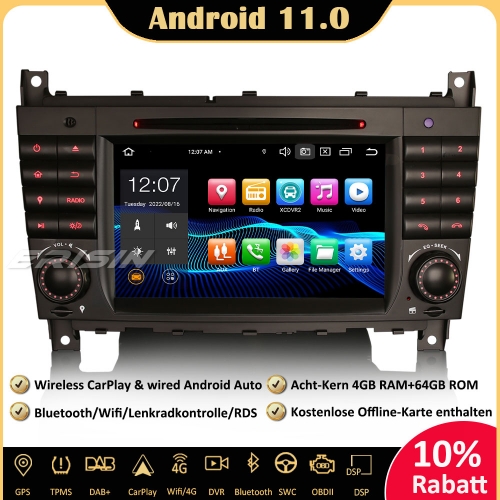 Erisin ES8169C 8-Kern Android 11.0 DAB+ DSP Autoradio CarPlay OBD DVD CD Bluetooth Canbus DVB-T2 DVD RDS GPS SWC Für Mercedes Benz C/G/CLK Klasse W203