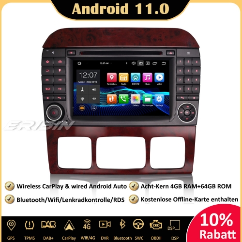Erisin ES8182S 8-Kern Android 11.0 Autoradio GPS DAB+ DSP SWC Navi CarPlay DVD OBD2 DTV für Mercedes S/CL Klasse W220 W215 S500