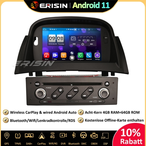 Erisin 7" ES8772M 8-Kern 64GB Android 11.0 DAB+ DSP Autoradio CarPlay WiFi BT DVD OBD DVR GPS SWC DTV Für Renault Megane II 2002-2008