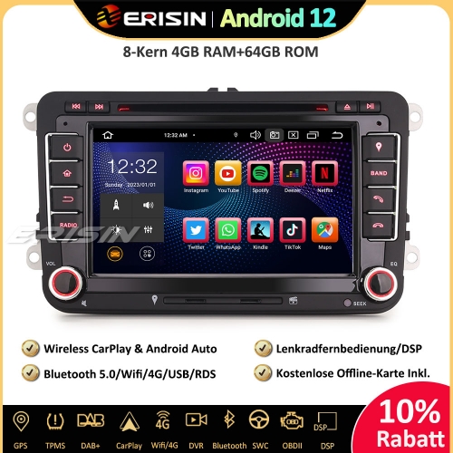 Erisin ES8548V 8-Kern Android 12 DAB+Autoradio GPS Wireless CarPlay DVD SWC DTV DSP Für VW Passat Polo Golf 5/6 Jetta Tiguan Eos Seat Skoda