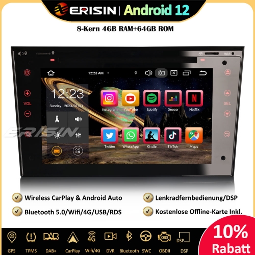 Erisin ES8573P 8-Kern Android 12 Autoradio GPS Navi CarPlay DAB+ Android Auto Canbus BT5.0 SWC RDS DSP Für Opel Zafira Vectra Corsa C/D Astra H Meriva