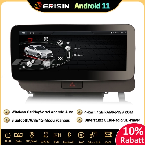 Erisin ES3675QH 10.25 Zoll IPS Android 11 Autoradio GPS Navi CarPlay DAB+ Android Auto Canbus Bluetooth SWC Für Audi Q5 High Configuration