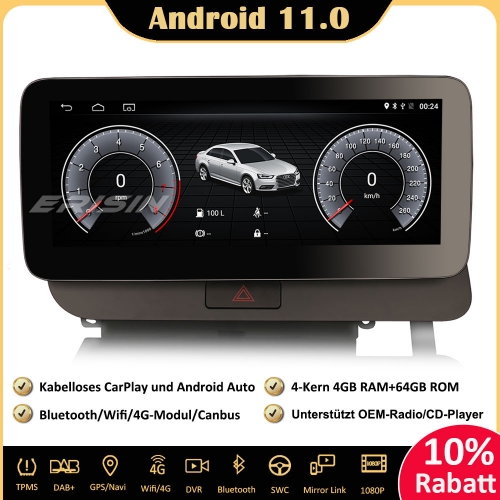 Erisin ES3675Q 10.25 Zoll IPS Android 11 Autoradio GPS Navi CarPlay DAB+ Android Auto Canbus Bluetooth SWC Für Audi Q5 Low Configuration