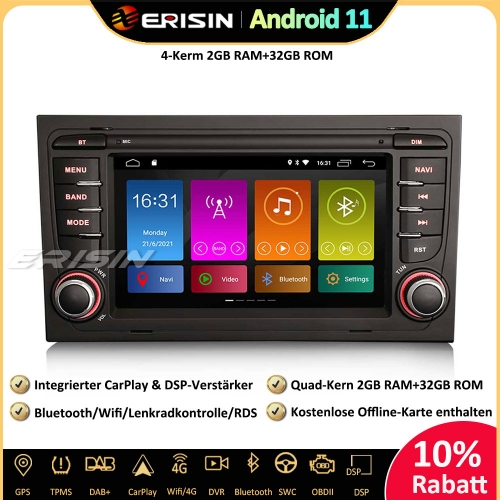 Erisin ES3128A 7 inch Android 11.0 Car Stereo Sat Nav GPS CarPlay DSP DAB+ Wifi RDS Bluetooth For AUDI A4 S4 RS4 B7 B9 SEAT EXEO