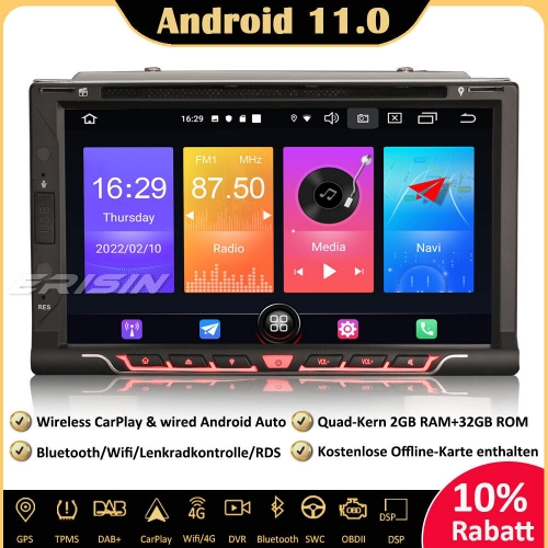 Erisin ES2737UN Android 11.0 Autoradio GPS Navi CarPlay DAB+ Wifi Bluetooth RDS SWC Android-Auto USB DVB-T2 4G TPMS OBD2 SWC
