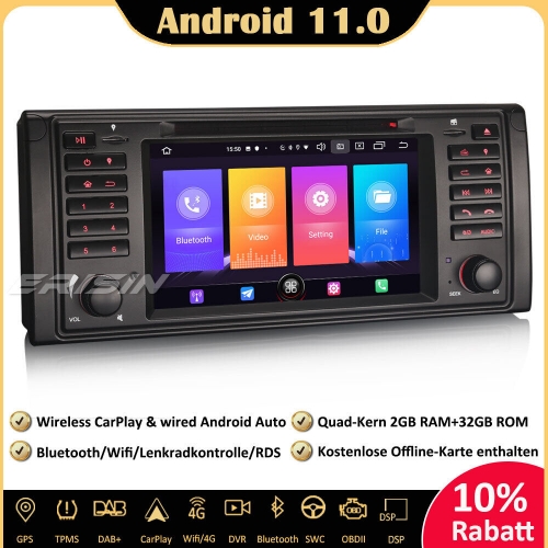 Erisin ES2739BN 7 Zoll Android 11.0 Autoradio GPS Navi CarPlay DAB+ Wifi CD Player Bluetooth RDS Android-Auto Für BMW 5er E39 X5 E53 M5