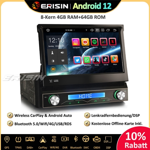 Erisin ES8568U 8-Kern Android 12 Abnehmbar Autoradio GPS Navi CarPlay DAB+ Android Auto BT5.0 DSP WLAN DVB-T2 OBD2 RDS USB 4G