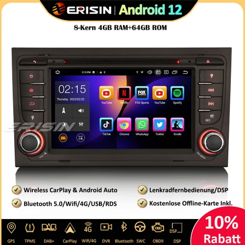 Erisin ES8578A 8-Kern Android 12 Car Stereo Sat Nav CarPlay DAB+ Android Auto BT5.0 RDS DSP For AUDI A4 S4 RS4 RNS-E SEAT EXEO