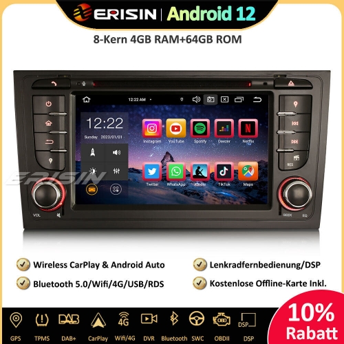 Erisin ES8506A 7 inch 8-Core Android 12 Car Stereo Sat Nav CarPlay DAB+ BT5.0 DSP Android Auto CD Player For Audi A6 S6 RS6 Allroad