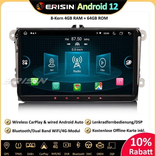 Erisin ES8998V 8-Kern 9" Android 12 Autoradio GPS wireless CarPlay WiFi DAB+ BT OBD Navi OPS DTV Für VW Polo Golf 5/6 Caddy Sharan Tiguan Passat EOS
