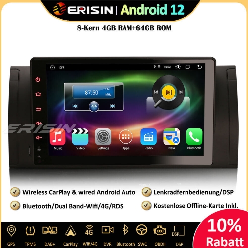 Erisin ES8893B 8-Kern Android 12 Car Stereo Bluetooth Sat Nav GPS for BMW 5er E39 X5 E53 M5 CarPlay WiFi DAB+ DSP DVR Android-Auto