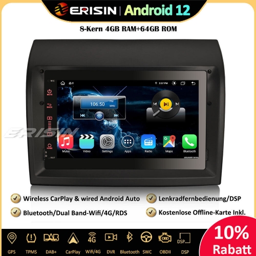 Erisin ES8874D 8-Kern Android 12 Autoradio Bluetooth mit GPS für Fiat Ducato Citroen Jumper Peugeot Boxer CarPlay WiFi DAB+ OBD2 DSP Android-Auto