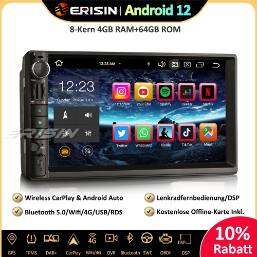 Erisin ES8549U  8-core Android 12 Universal Car Radio GPS Navi CarPlay DAB+ Android Auto BT5.0 DSP WLAN DVB-T2 OBD2 RDS USB 4G