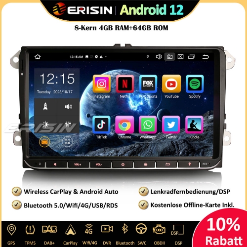 Erisin ES8528V 9 inch 8-Core Android 12 Car Stereo GPS Navi CarPlay DAB+OPS BT5.0 DSP For VW Polo Passat Golf 5/6 T5 Caddy Tiguan Touran T5 SEAT Leon