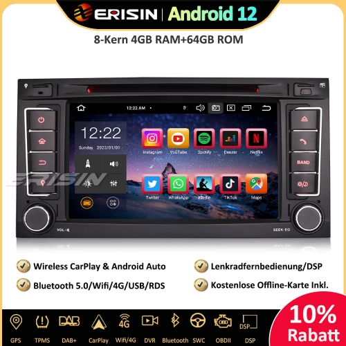 Erisin ES8556T 8-Kern Android 12 Car Stereo Sat Nav CarPlay DAB+ Android Auto BT5.0 Canbus RDS DSP For VW T5 Multivan Touareg