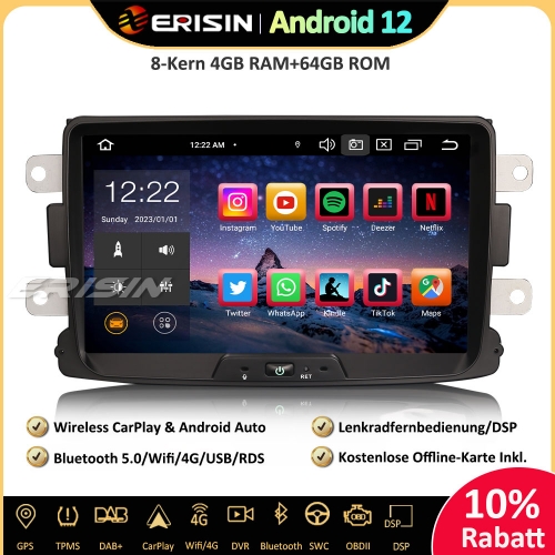 Erisin ES8529D 8-Core Android 12 Car Stereo Sat Nav CarPlay DAB+ Android Auto BT5.0 RDS DSP For Renault Dacia Duster Logan Dokker Lodgy