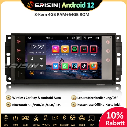 Erisin ES8576J 8-Kern Android 12 Autoradio GPS Navi CarPlay DAB+ BT5.0 DSP Für Jeep Compass Wrangler Dodge Challenger Chrysler