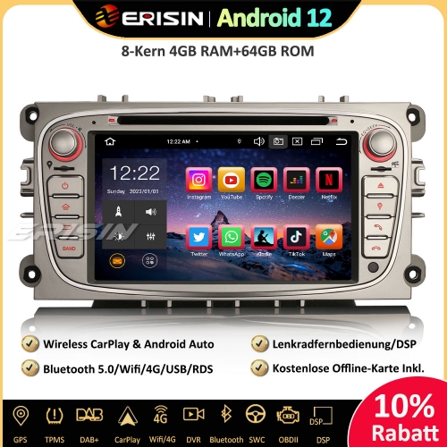 Erisin ES8509F 8-Kern Android 12 Car Stereo Sat Nav Bluetooth 5.0 GPS Navi CarPlay DAB+ DSP RDS FM DVD Für Ford Mondeo Focus S/C-Max Galaxy