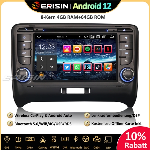 Erisin ES8579T 7 Zoll 8-Kern Android 12 Autoradio Bluetooth 5.0 GPS Navi CarPlay DAB+ DSP RDS FM CD Player Für AUDI TT MK2