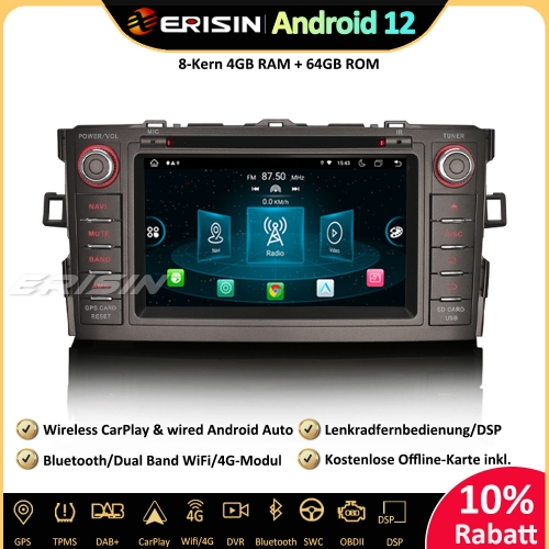 Erisin ES8904A 8-Kern Android 12 Autoradio GPS CarPlay DAB+ CD Player Bluetooth DSP Navigation Für Toyota Auris Corolla Altis