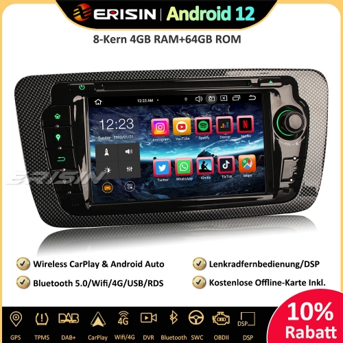 Erisin ES8522S 7 Zoll 8-Kern Android 12 Autoradio Bluetooth 5.0 GPS Navi CarPlay DAB+ DSP RDS FM CD Player Für SEAT IBIZA