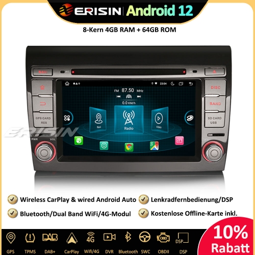 Erisin ES8971F 8-Kern Android 12.0 Autoradio GPS wireless CarPlay WiFi DAB+ Bluetooth OBD2 CD Navi Android Auto TPMS DTV Für Fiat Bravo