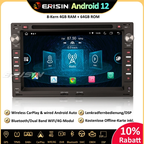 Erisin ES8909V 8-Kern 7" Android 12 Autoradio GPS CarPlay WiFi DAB+ RDS Navi für VW Golf 4 Passat T5 Multivan Sharan Seat Ibiza Peugeot 307