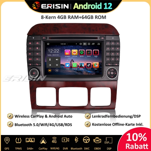 Erisin ES8582S 7 Zoll 8-Kern Android 12 Autoradio GPS CarPlay DAB+ Canbus Navigation CD Player RDS Navi Für Mercedes S/CL Klasse W220 W215