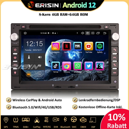 Erisin ES8586V  7" 8-Core Android 12 Car Stereo Sat Nav GPS CarPlay WiFi DAB+ CD Player for VW Golf 4 Passat T5 Polo Sharan Seat Ibiza Peugeot 307