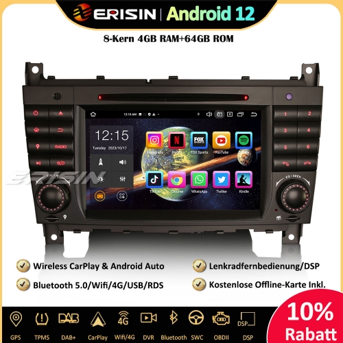 Erisin ES8569C 7 inch 8-Core Android 12 Car Stereo Sat Nav GPS CarPlay DAB+ Canbus Navigation CD RDS For Mercedes Benz CLC/G/C Class W203 W463