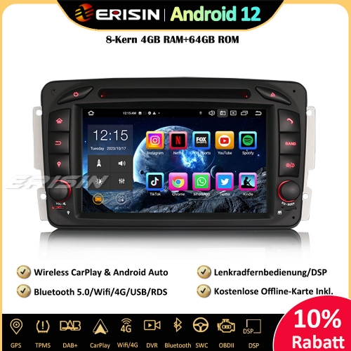 Erisin ES8563C 7 Zoll 8-Kern Android 12 Autoradio GPS CarPlay DAB+ Navigation CD RDS Für Mercedes C/CLK/G Klasse W203 W209 Viano Vito W463