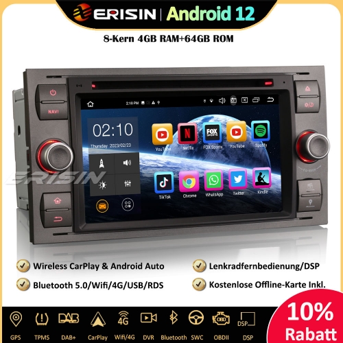 Erisin ES8566FG 7 Zoll 8-Kern Android 12 Autoradio GPS CarPlay DAB+ Navigation CD Player RDS Für Ford C/S-Max Fiesta Galaxy Mondeo Focus