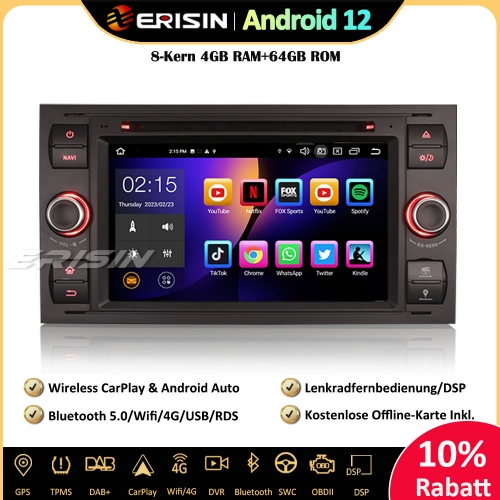 Erisin ES8566FB 7 Zoll 8-Kern Android 12 Autoradio GPS CarPlay DAB+ Navigation CD RDS Für Ford C/S-Max Fiesta Galaxy Mondeo Focus
