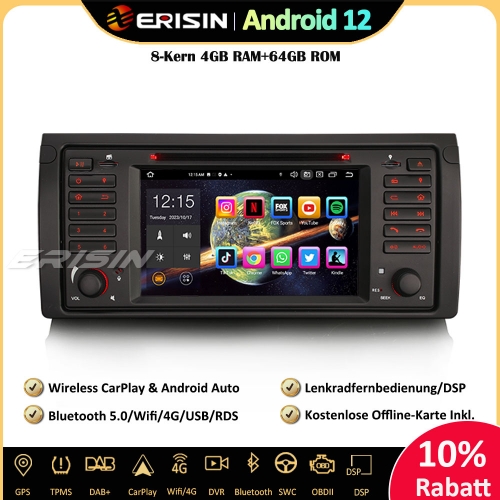 Erisin ES8553B 7 Zoll 8-Kern Android 12 Autoradio GPS CarPlay DAB+ Canbus Navigation CD Player RDS Navi Für BMW X5 E53