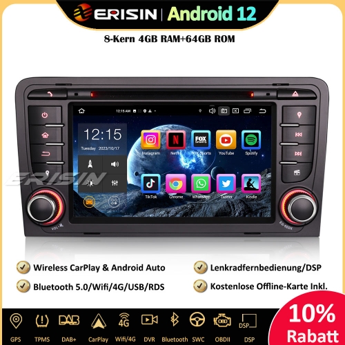 Erisin ES8547A 8-Kern Android 12 Autoradio GPS Navi CarPlay DAB+ Android Auto BT5.0 DSP CD Player Für AUDI A3 S3 RS3 RNSE-PU
