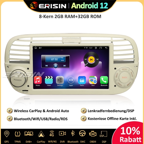 Erisin ES8650FW 8-Kern Android 12 Autoradio GPS CarPlay WiFi DAB+ Bluetooth DSP OBD2 Navi Canbus TPMS DTV Für Fiat 500