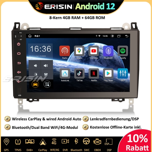 Erisin ES8992B 9 zoll 8-Kern Android 12.0 Autoradio GPS CarPlay WiFi DAB+ Navi 4G Für Mercedes Benz A/B Klasse W169 W245 Sprinter Viano Vito VW Crafte