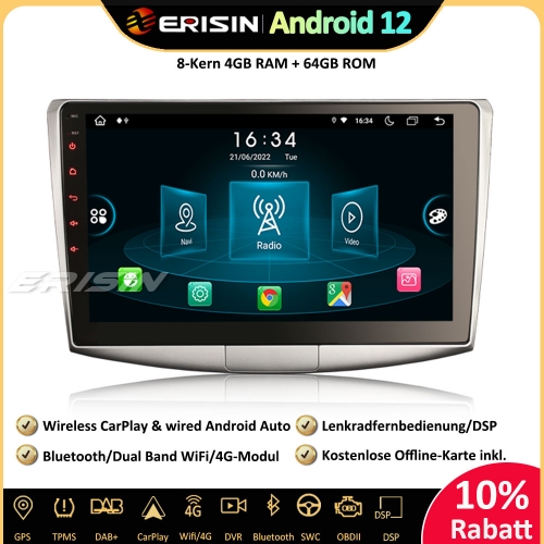 Erisin ES8917P 8-Kern Android 12.0 Autoradio GPS für VW Passat CC B6 B7 CarPlay WiFi DAB+ Bluetooth DSP Android Auto RDS OBD2 Navi