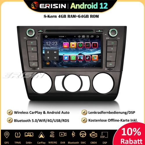 Erisin ES8540B 7 Zoll 8-Kern Android 12 Autoradio GPS CarPlay DAB+ Canbus Navigation CD Player RDS Navi Für BMW 1er E81 E82 E88