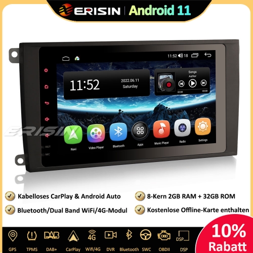 Erisin ES4114C 8 Zoll 8-Kern Android 11 Autoradio GPS Navi CarPlay DAB+ DSP RDS FM Bluetooth Für Porsche Cayenne