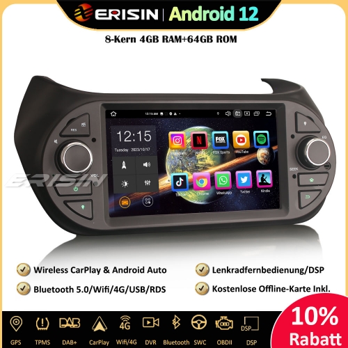 Erisin ES8575F 7 Zoll 8-Kern Android 12 Autoradio GPS CarPlay DAB+ Navigation RDS OBD2 Wifi Canbus Für Fiat Fiorino Qubo Citroen Nemo Peugeot Bipper