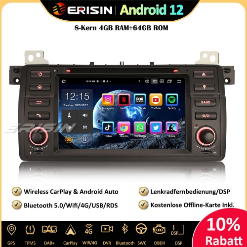 Erisin ES8546B 7 inch 8-Core Android 12 Car Stereo GPS For BMW 3 Series E46 M3 Rover 75 MG ZT Support CarPlay DAB+ OBD2 Wifi Canbus